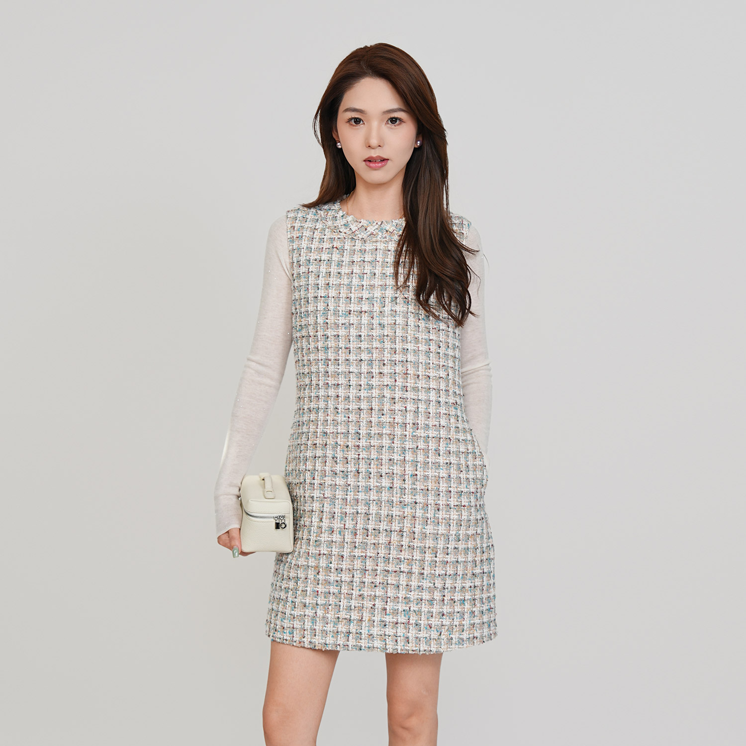 CsyX2-2025F/W圆领格子格纹后拉链小香风短款连衣裙L30778