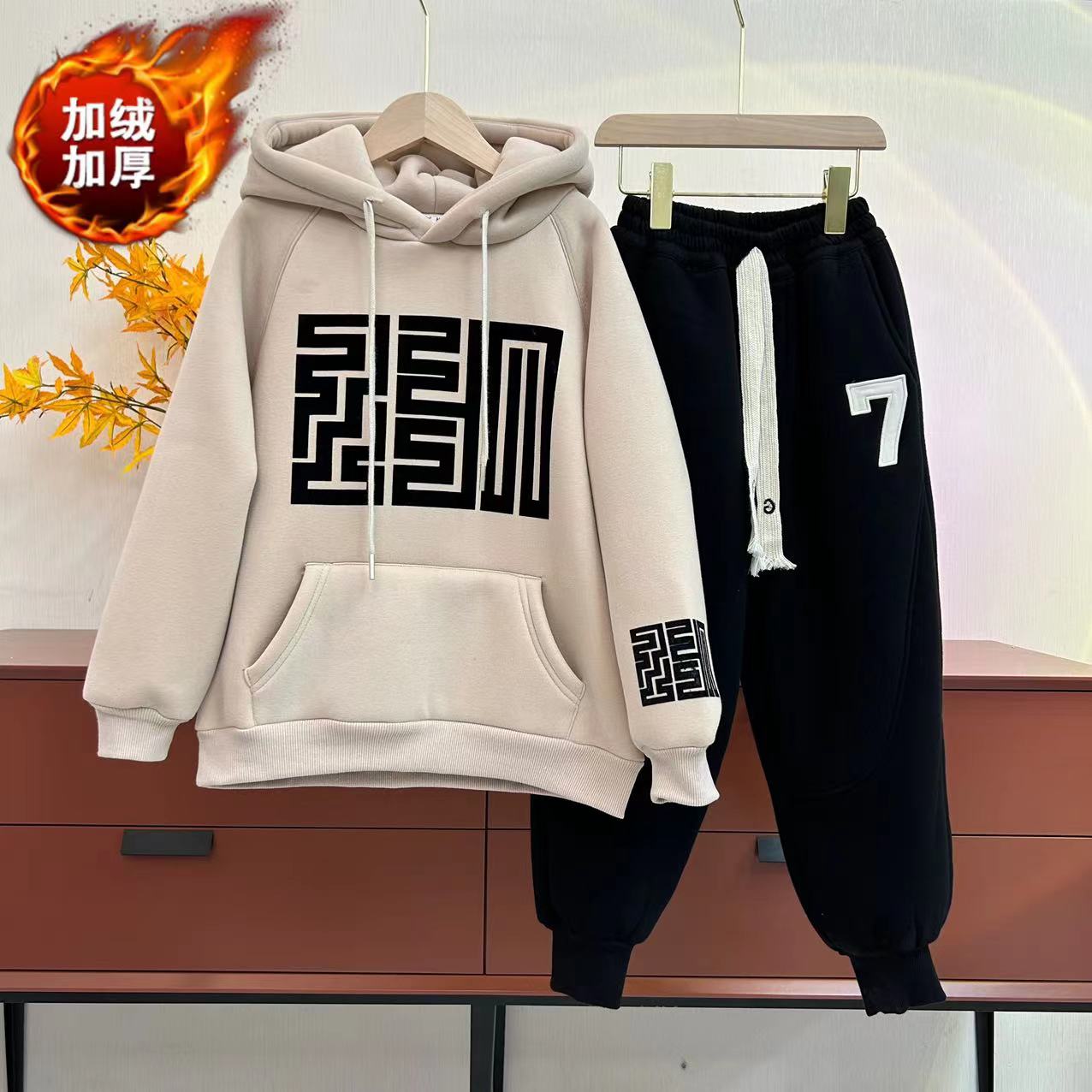 冬款加绒男女童加绒卫衣套装中大童一体绒上衣亲子装