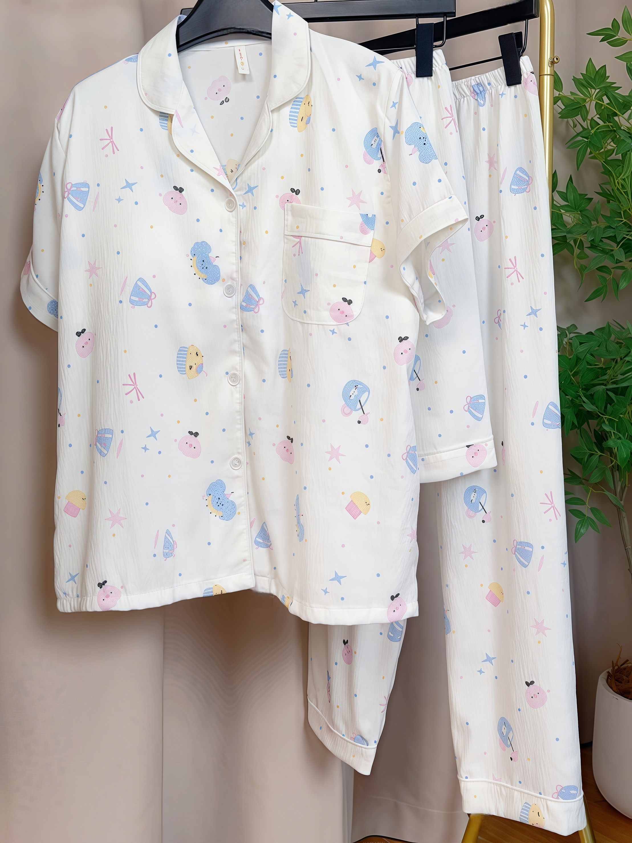 女夏云朵棉衬衫领短袖睡衣家居服三件套装休闲家居服翻领套装舒适