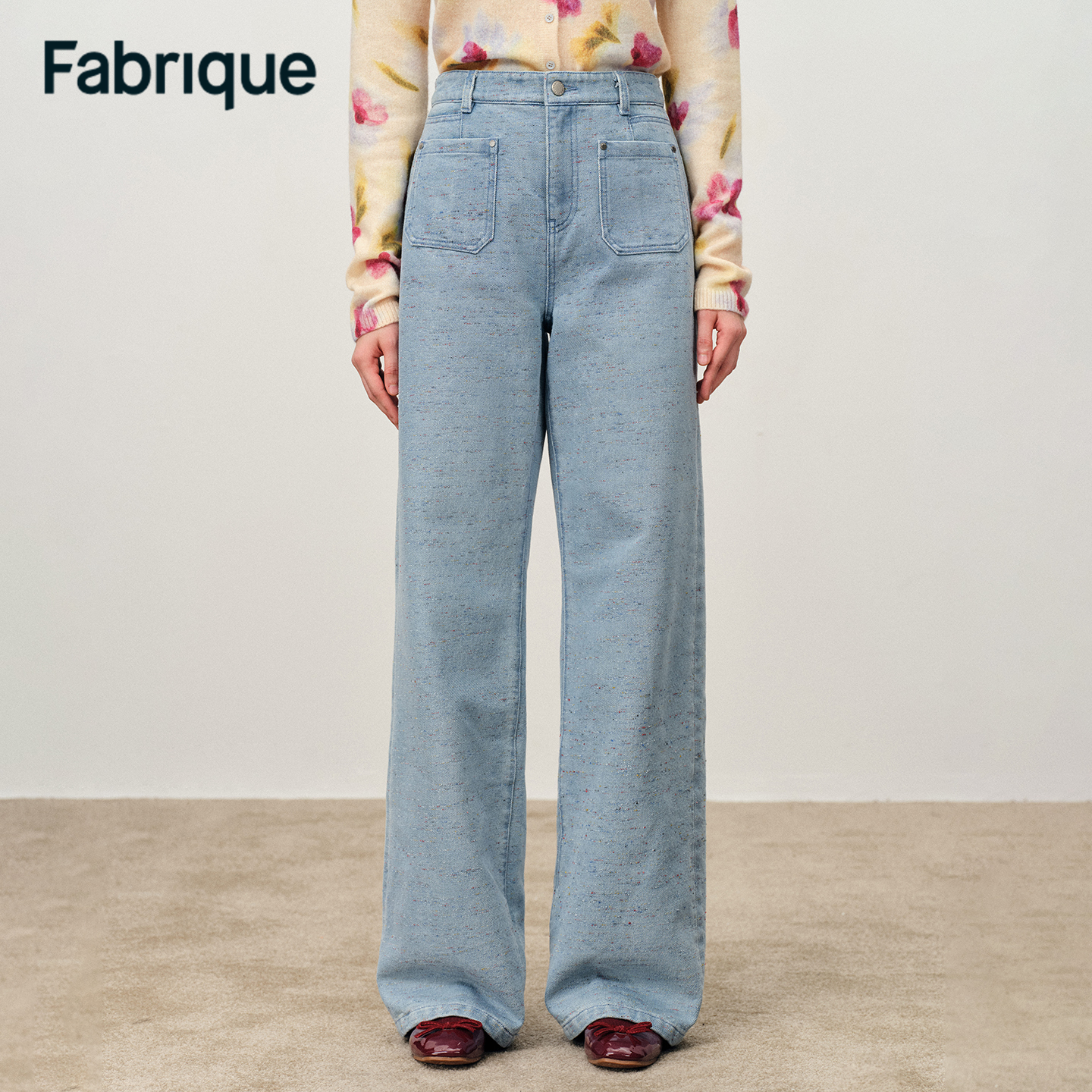 Fabrique Linna秋冬新品彩虹糖提花水洗浅蓝前贴袋直筒休闲牛仔裤