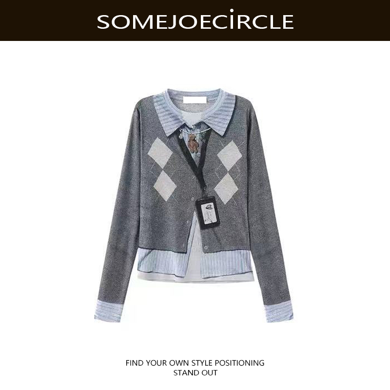 【DZ】SOMEJOECIRCLE【趣味】趣味假两件3D印花工牌菱格打底衫D6963
