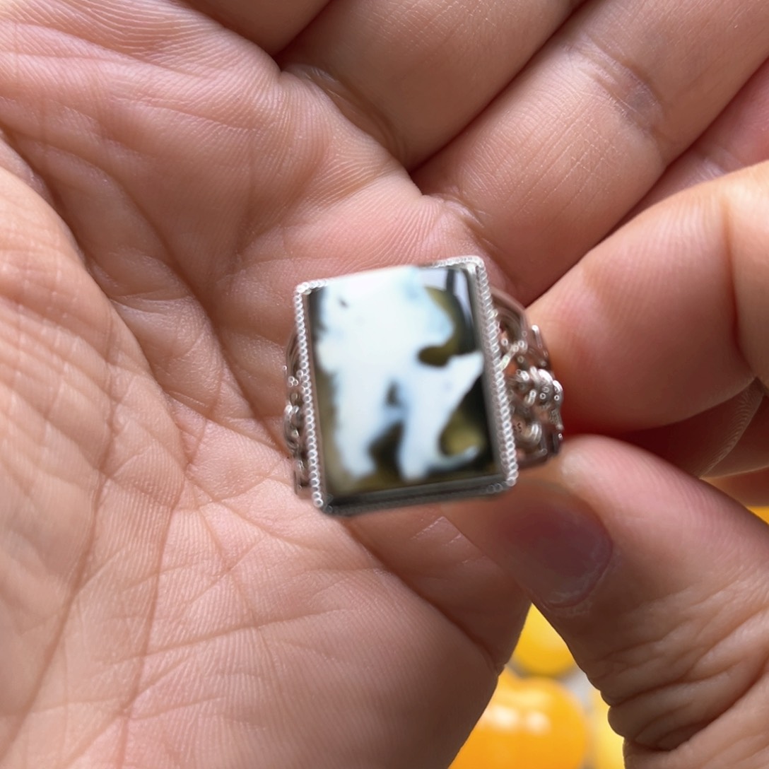 琥珀戒指银S925镶嵌戒指