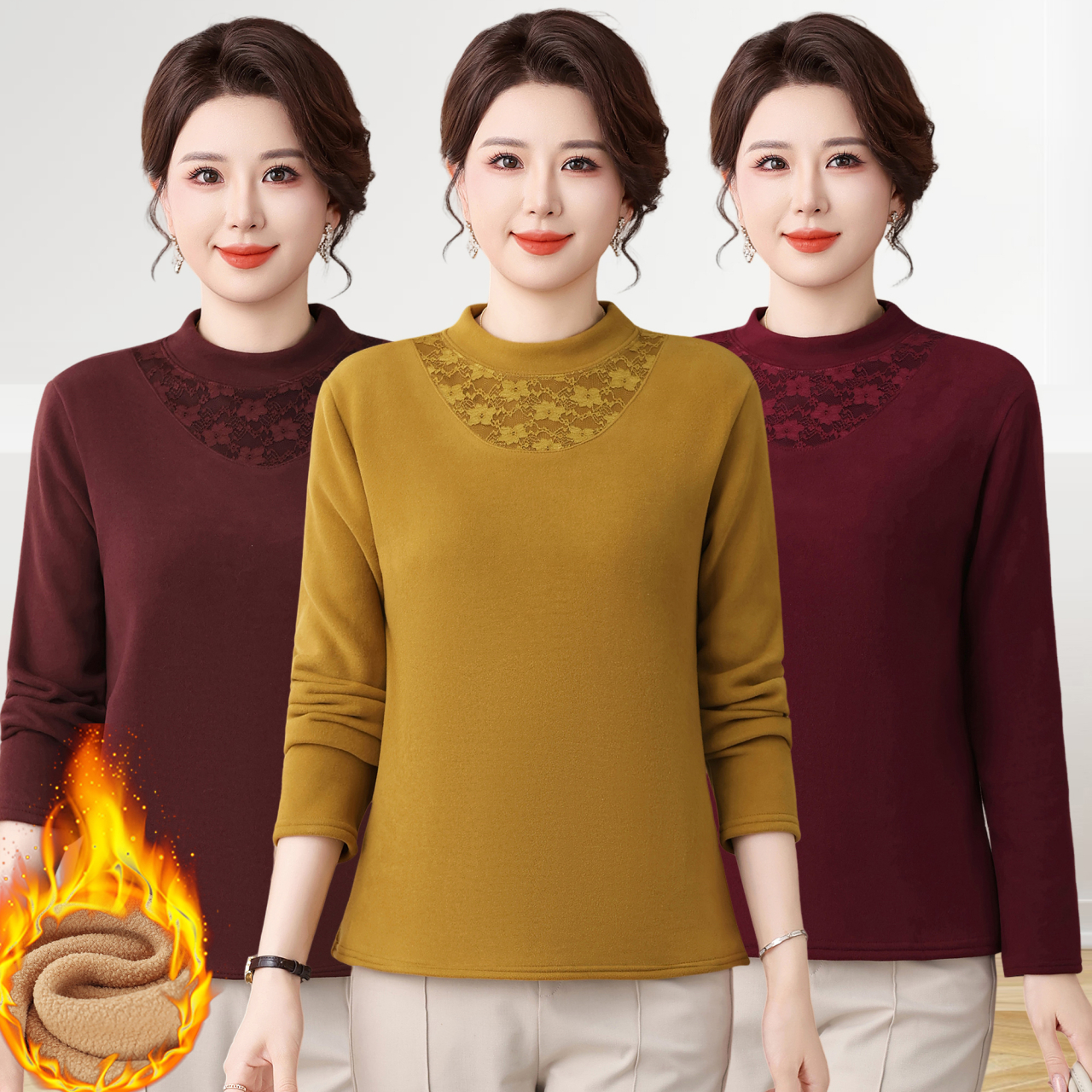 妈妈冬装加绒加厚毛衣保暖打底衫中老年女冬季内搭针织衫过年衣服