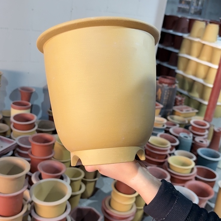 紫砂花盆微瑕高足金钟黄色