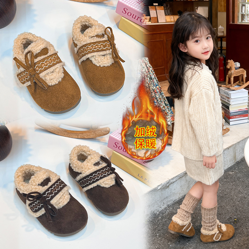 【冬】女童冬季新款加绒保暖骑行鞋蝴蝶结复古博肯鞋保暖鞋c