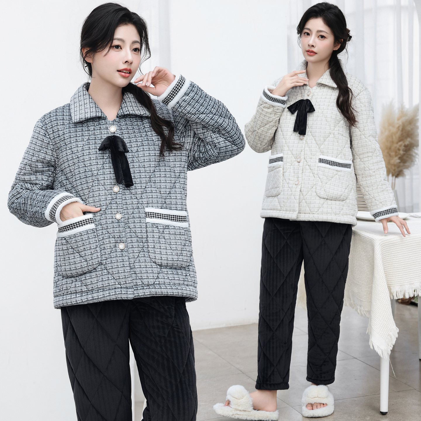 小香风睡衣女冬季三层夹棉加绒加厚保暖加绒居家服可外穿2025新款