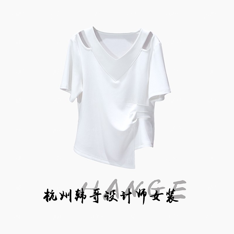 【韩哥女装】2025小众重工设计象牙白V领镂空束腰显瘦短袖9529-B2