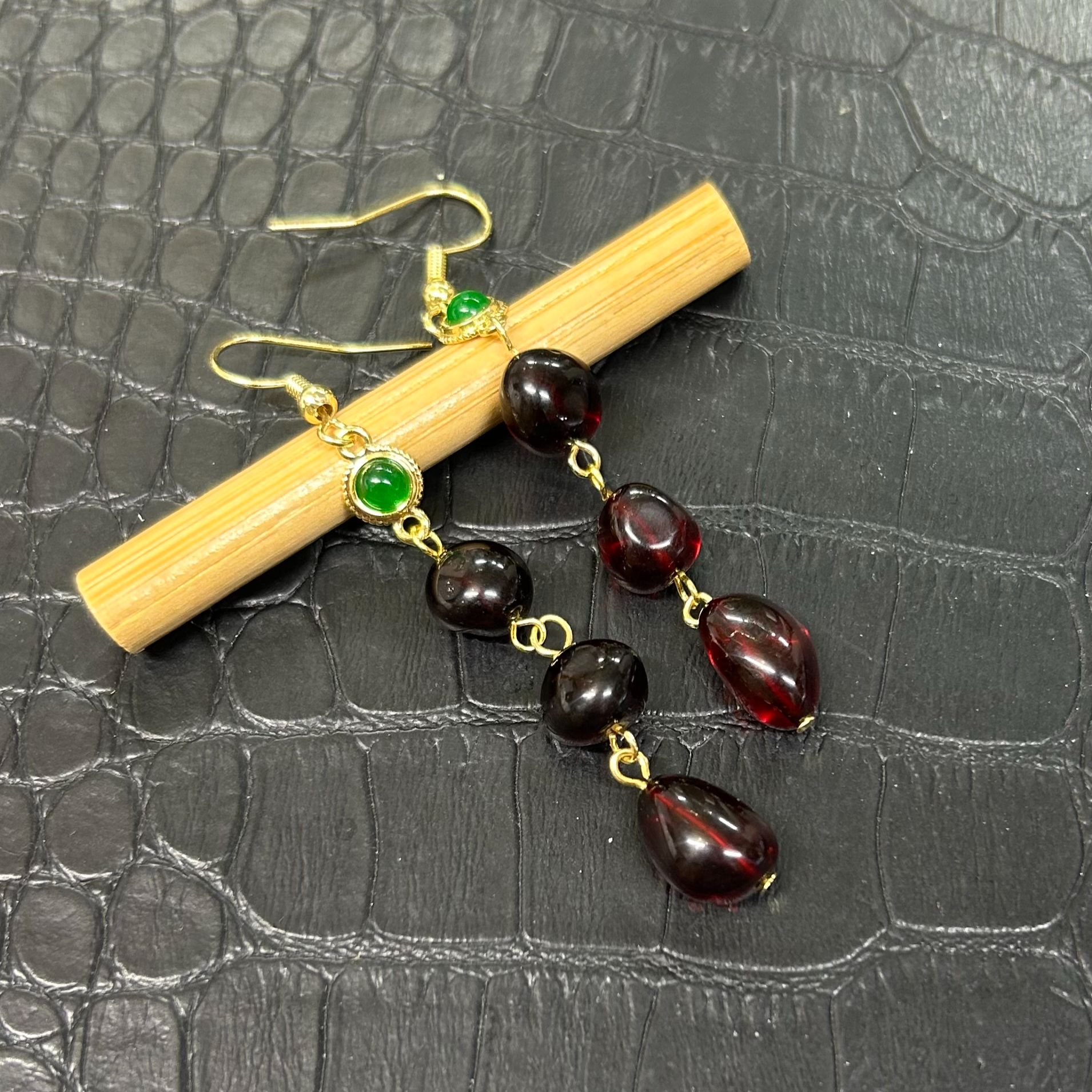 天然琥珀随形三珠耳坠长款耳勾