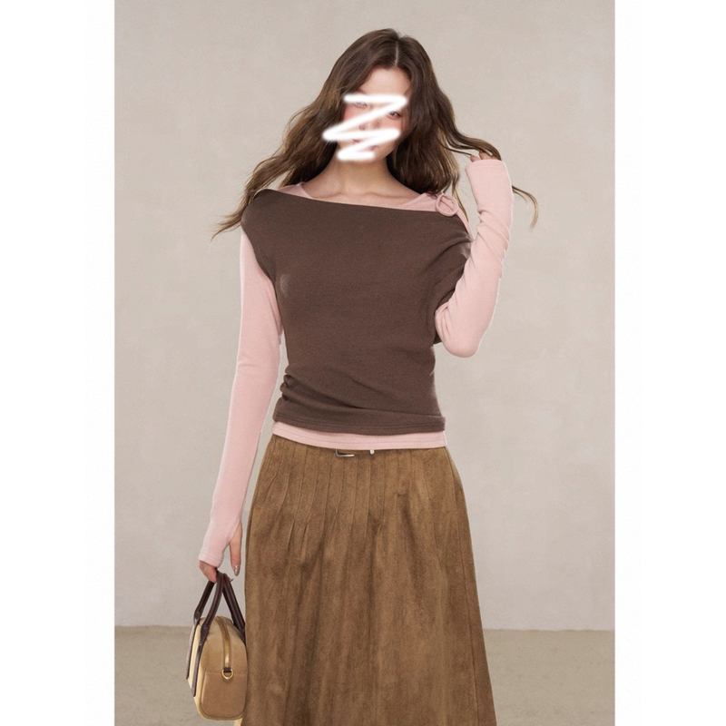 新款韩系简约百搭显瘦拼色长袖T恤两件套（真两件套）