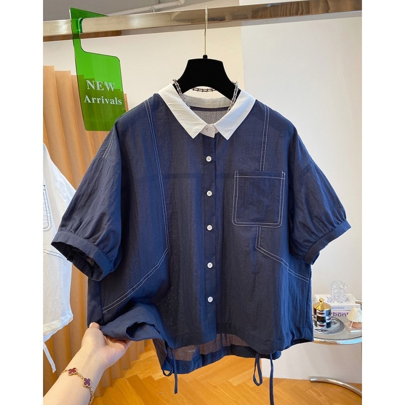 P0216韩国高级感娃娃领衬衫女短袖夏季新款宽松休闲薄款纯棉上衣