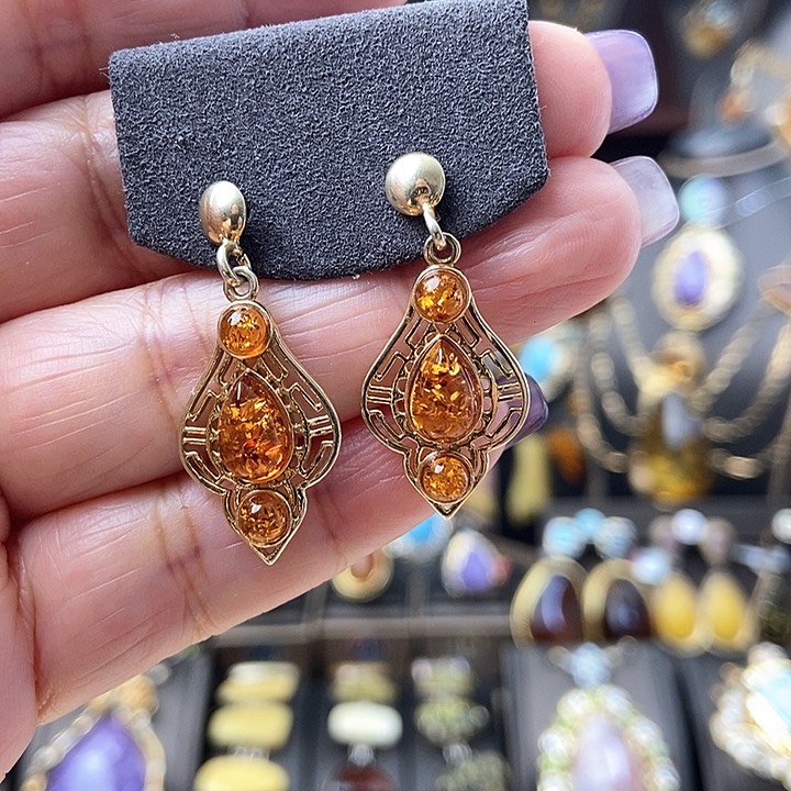 琥珀耳饰银S925镶嵌耳环