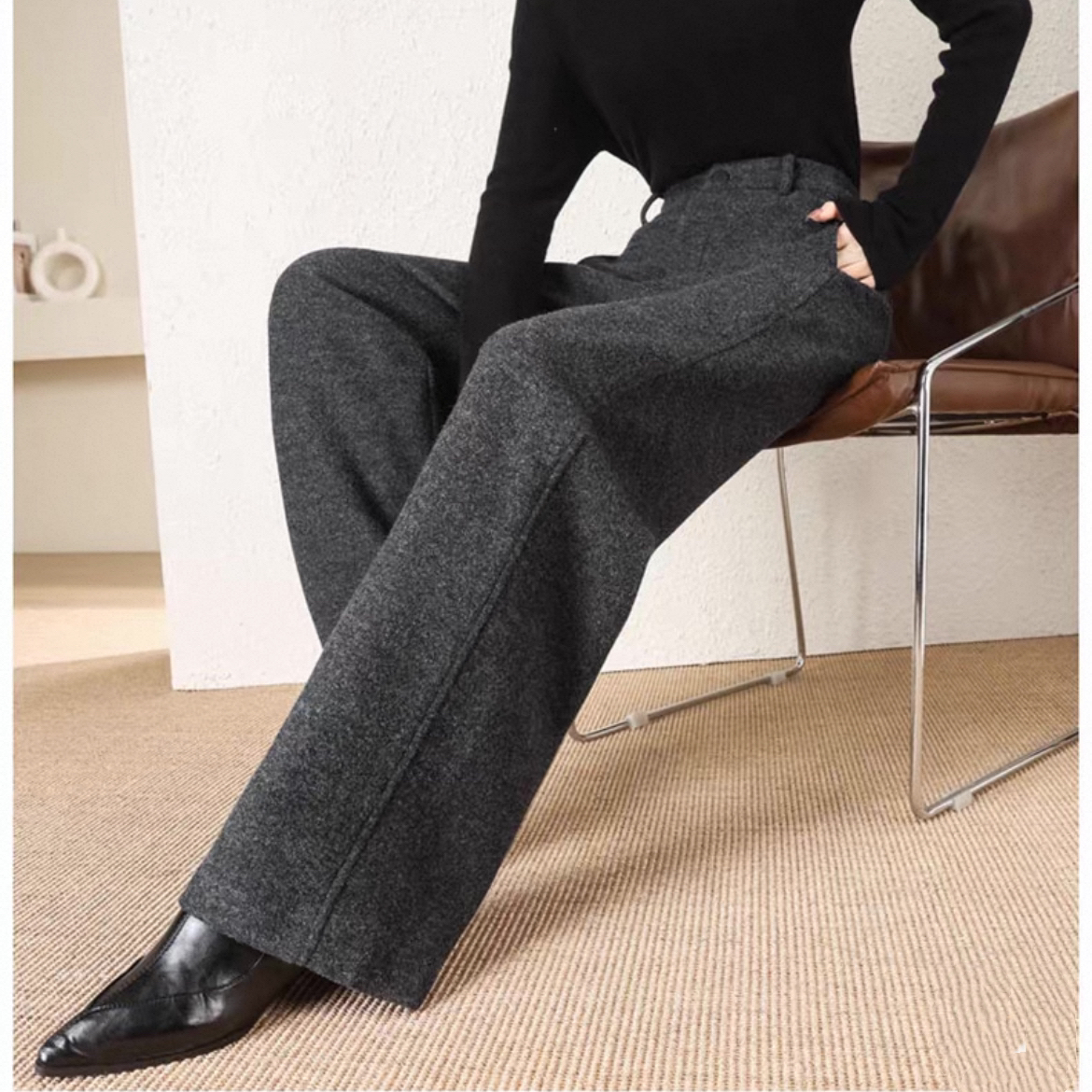 冬季新款加绒加厚蚕 丝羊 绒高腰深档窄版直筒裤573