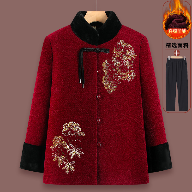 中老年人女装棉衣奶奶毛呢外套冬季保暖加绒加厚气质妈妈装棉袄