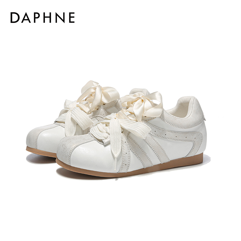 Daphne/达芙妮2025秋冬时尚百搭厚底内增高女鞋蝴蝶结系带德训鞋
