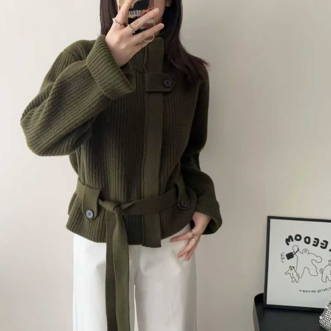 欧货设计感系带收腰立领针织开衫女2025秋冬新款宽松洋气毛衣外套