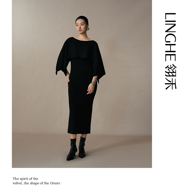 翎禾LINGHE-「扶摇」秋冬绵羊毛时尚斗篷针织连衣裙三件套（带袖套）