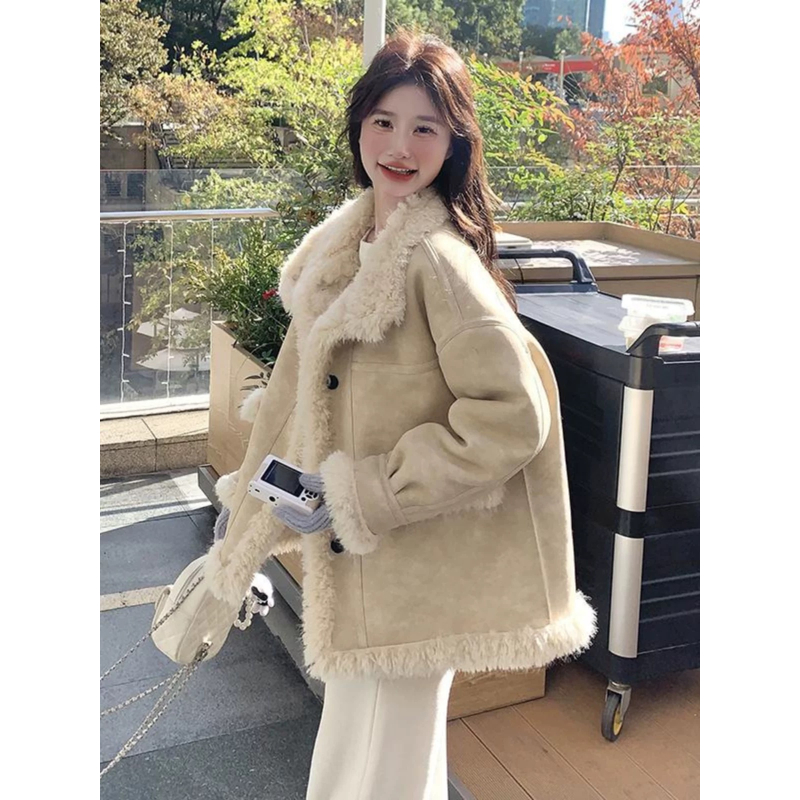 WR1冬款上新韩版ins潮中长款百搭加厚保暖机车服外套皮毛一体