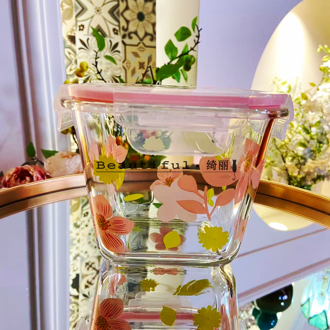 单只-轻奢樱花方形汤桶家用大容量高硼硅多功能玻璃家用密封保鲜