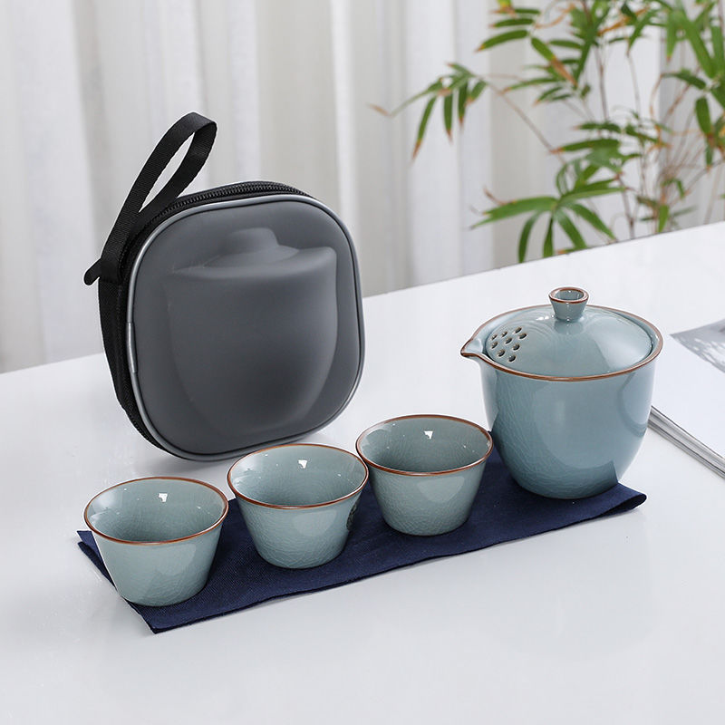 2025新款便捷式旅行茶具一壶三杯哥窑陶瓷泡茶壶茶杯2-3人茶具套
