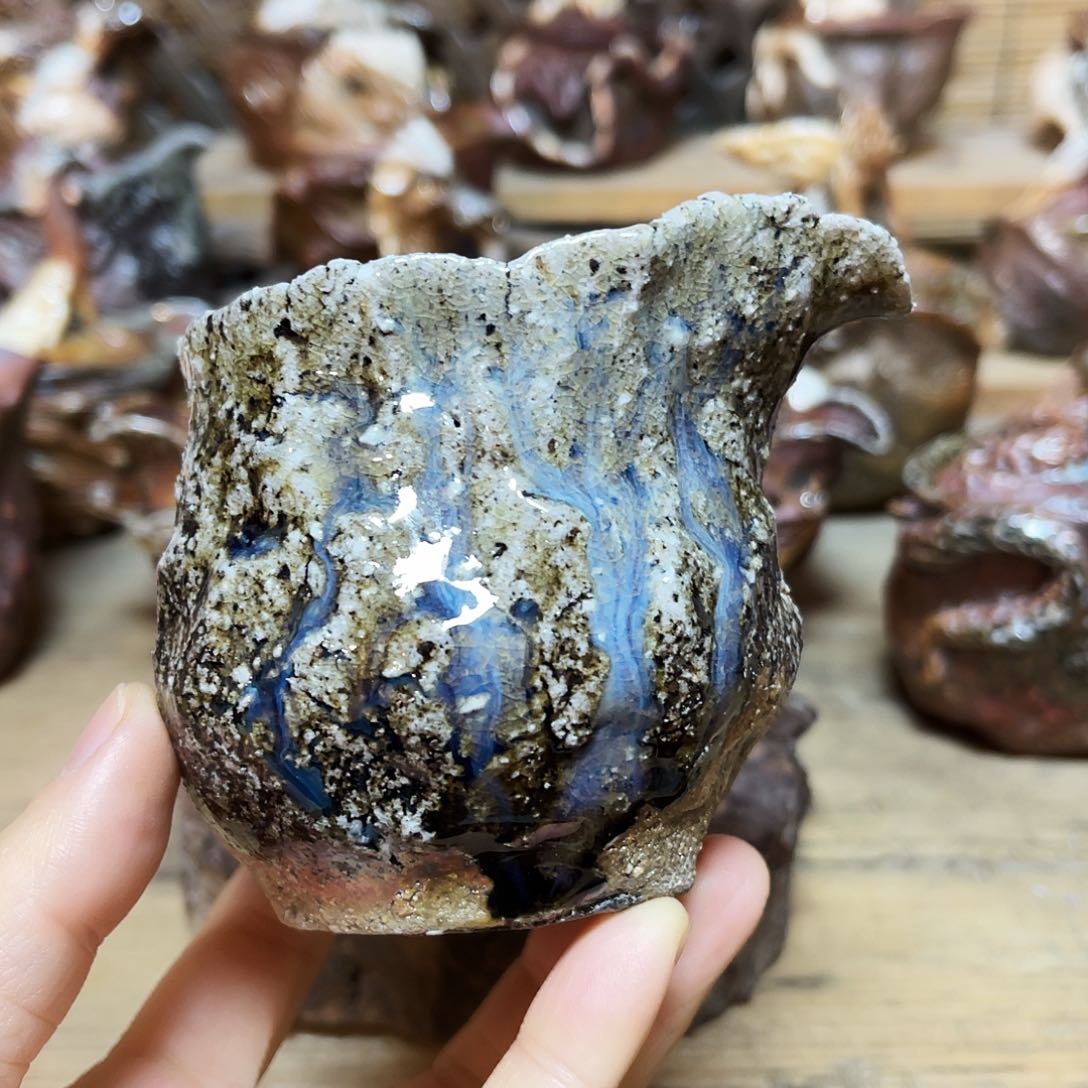 杯柴烧粗陶手捏公道杯粘底