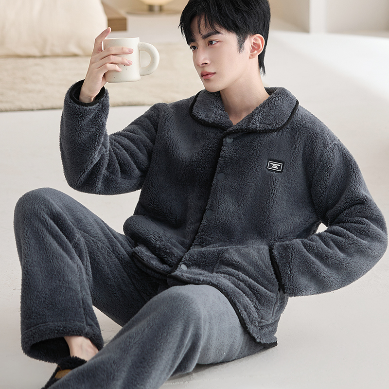 珊瑚绒保暖立领撞色包边深灰男款家居服秋冬季加绒加厚法兰绒睡衣