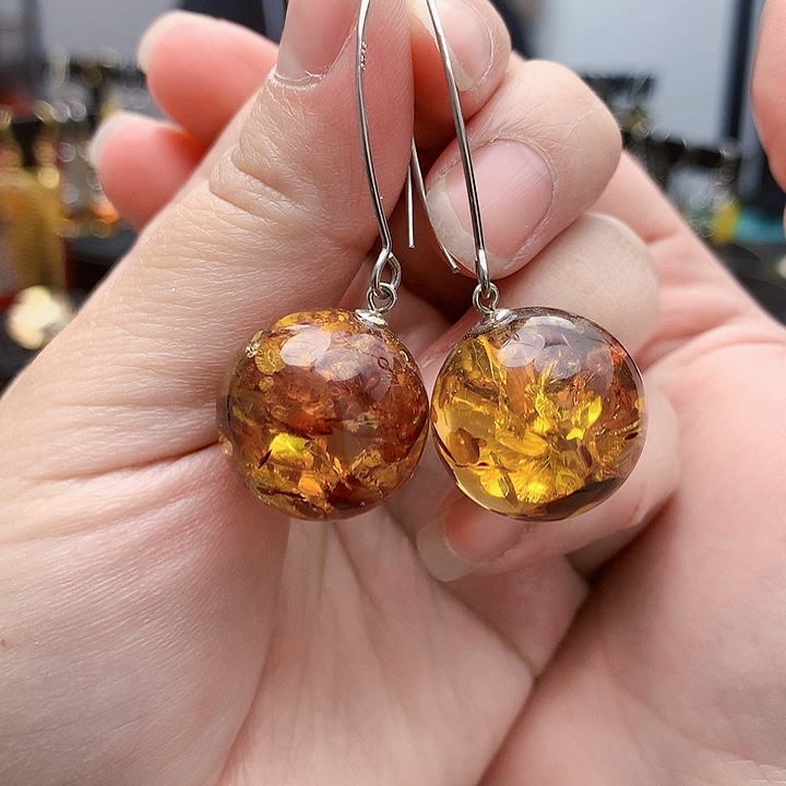 琥珀裸石银S925镶嵌耳坠