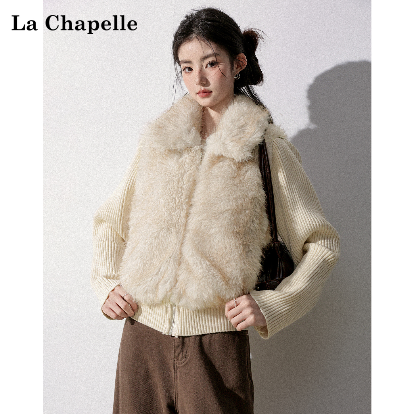 拉夏贝尔翻领假两件毛毛保暖外套女2025冬季可拆卸针织袖加绒上衣