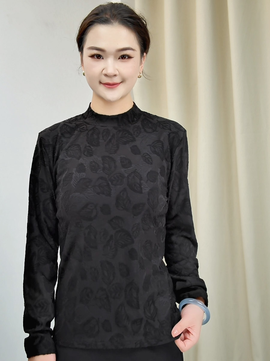 打底衫印花休闲风长袖常规款T恤半高领妈妈装中老年女装气质长衫