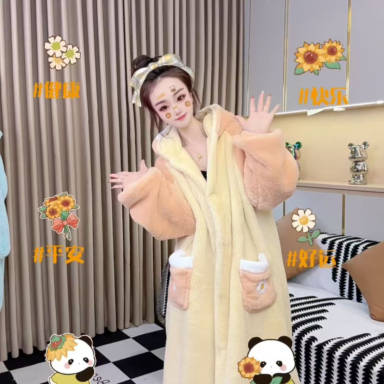 【双层加厚可爱鸭】秋冬加绒加厚中长款睡袍睡袍珊瑚绒睡衣网红家08