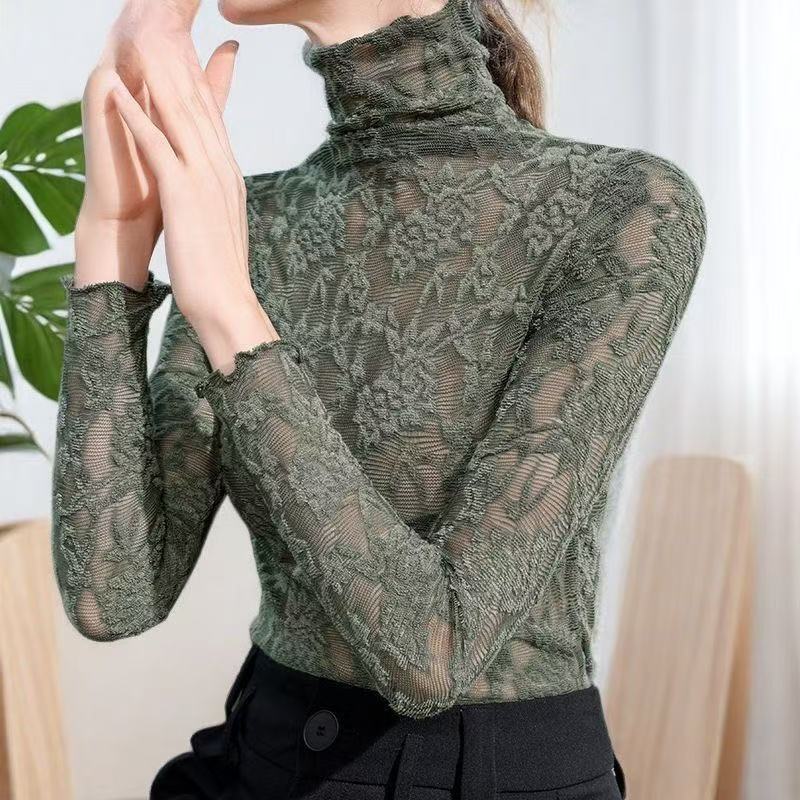 常规/加绒高领蕾丝打底衫女秋冬新款女装长袖t恤法式复古欧货上衣