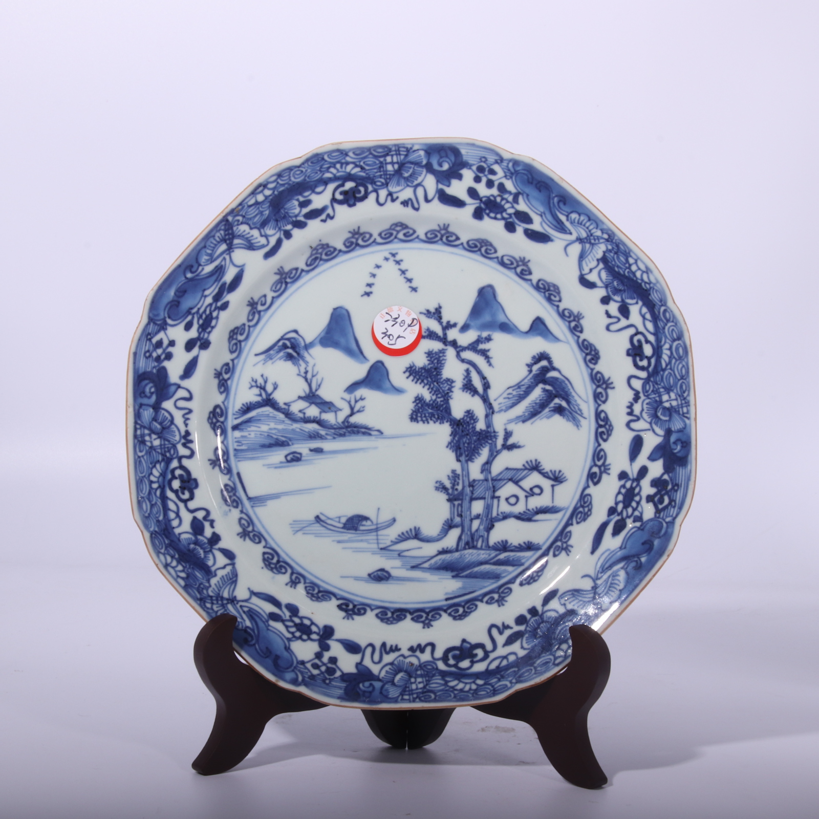 青花山水折沿花口盘 H309-305