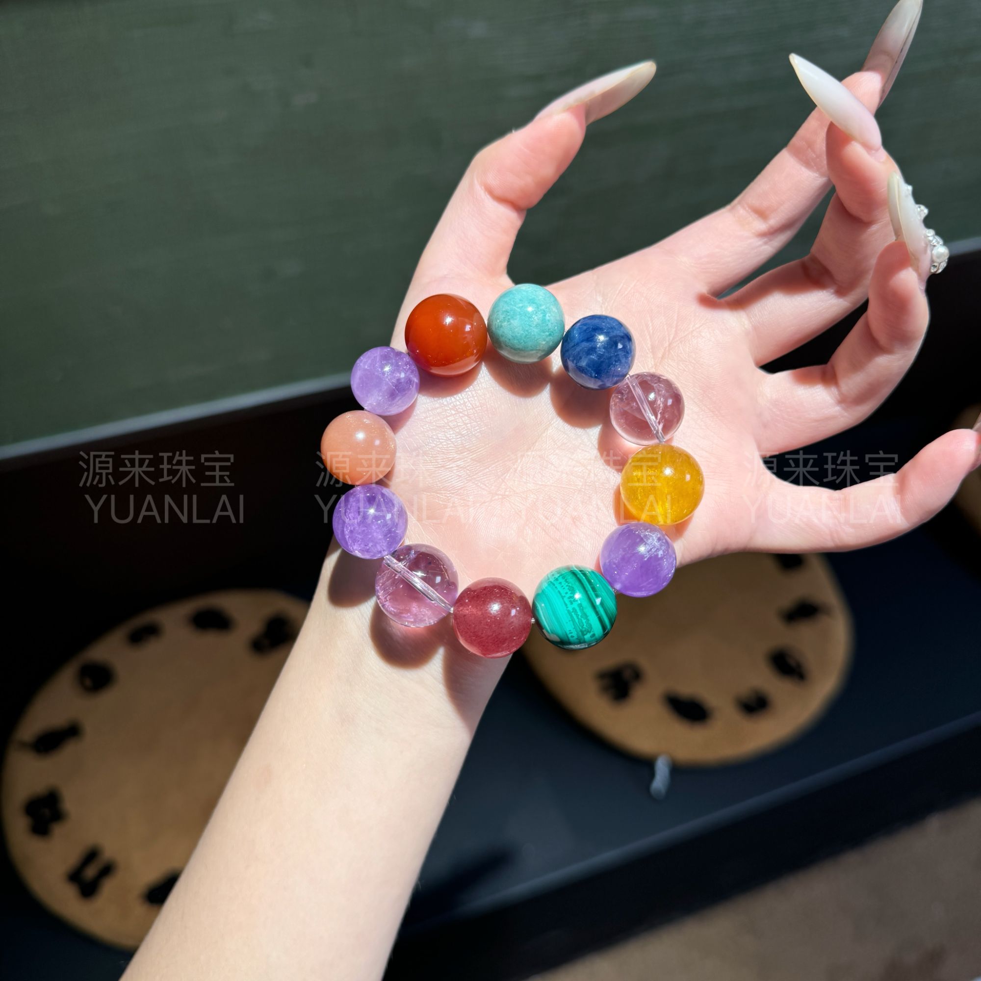 *小圆舞曲*孔雀石紫水萤石玛瑙太阳石草莓晶手串YL3373