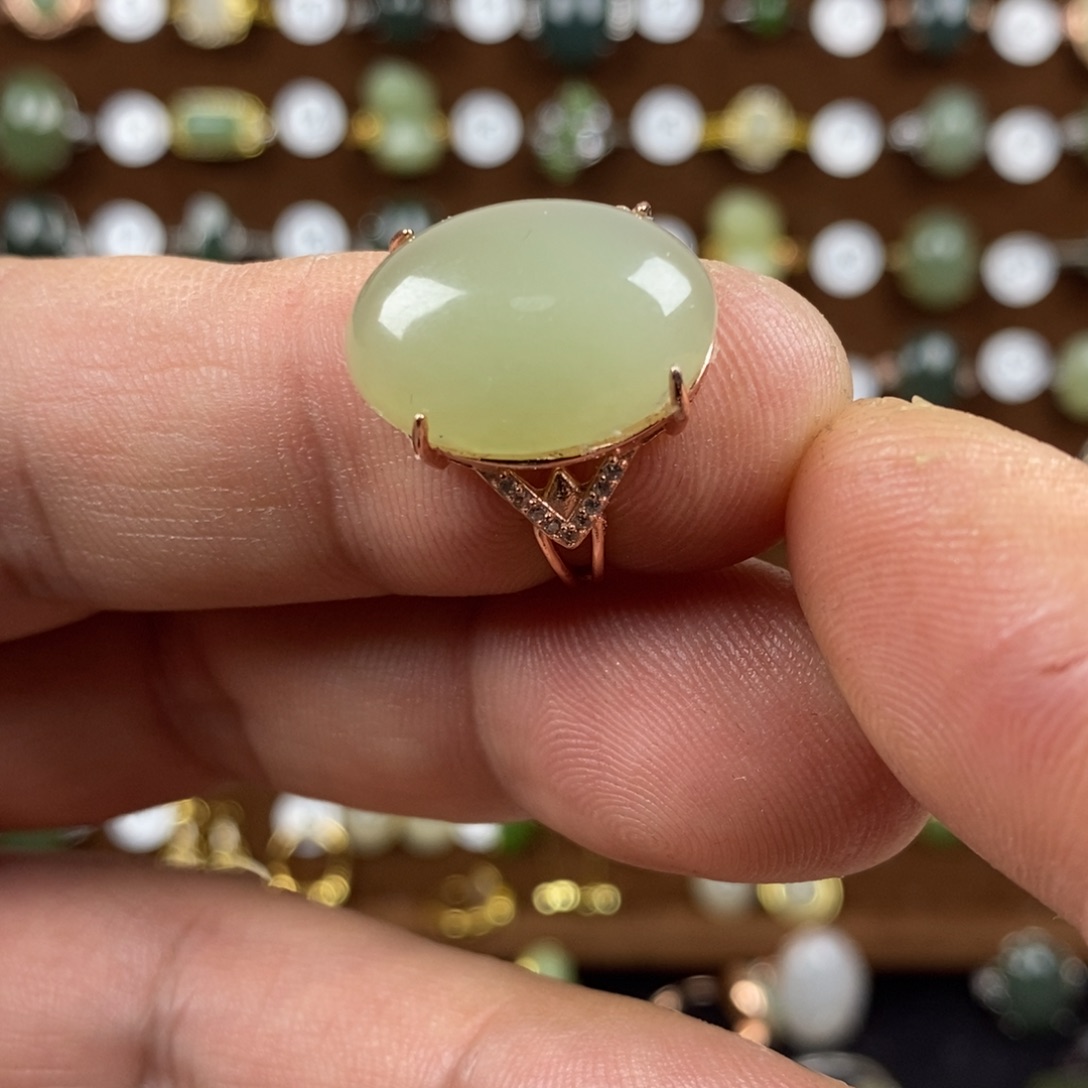 和田玉（青白玉）戒指银S925镀金镶嵌