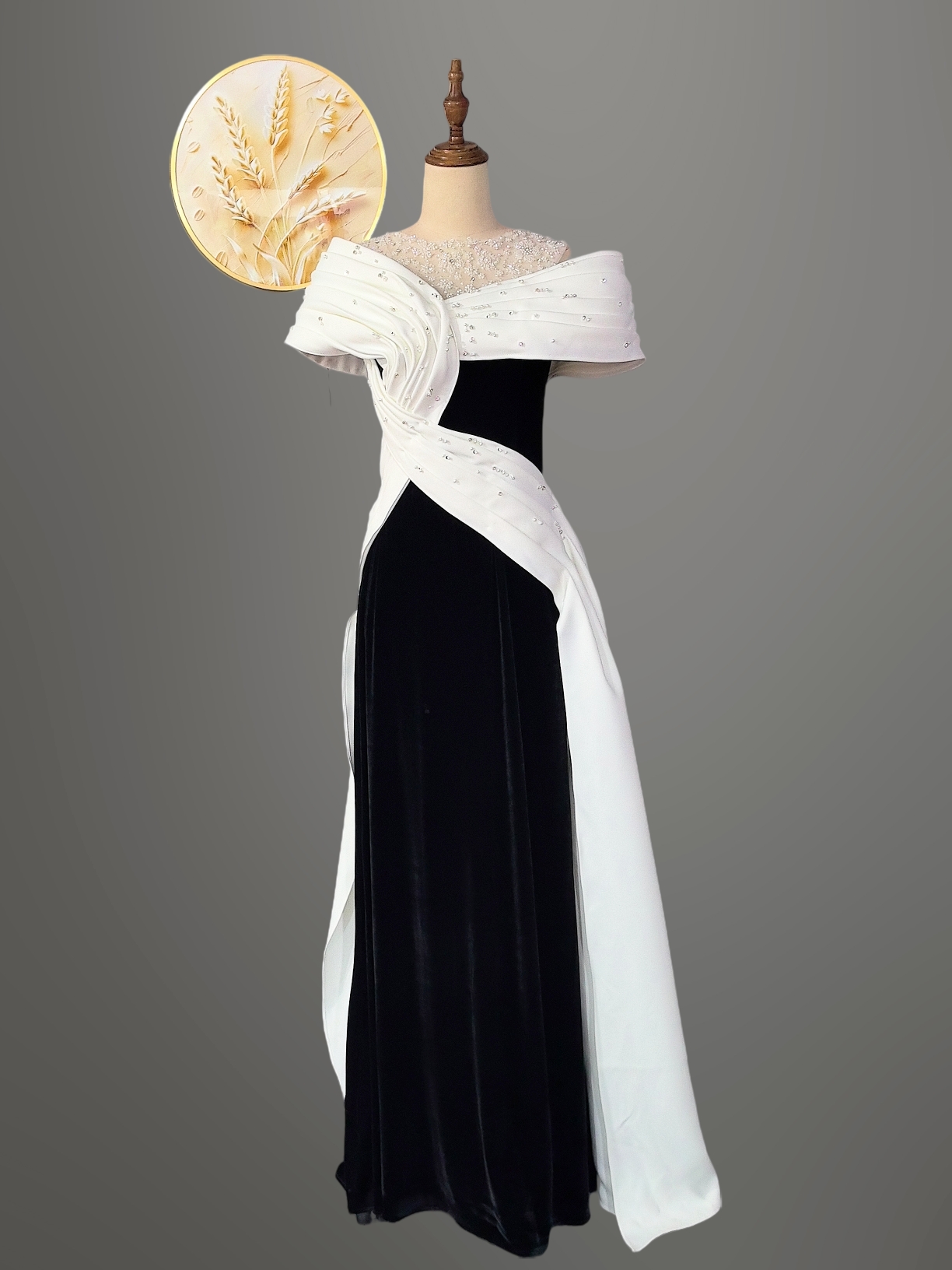 一字肩造型感黑丝绒白拼色美声民歌艺考大气优雅礼服