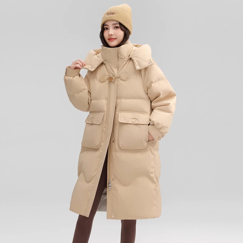 新款羽绒服女士中长款2025冬季可拆卸帽廓形简约过膝加厚红色外套