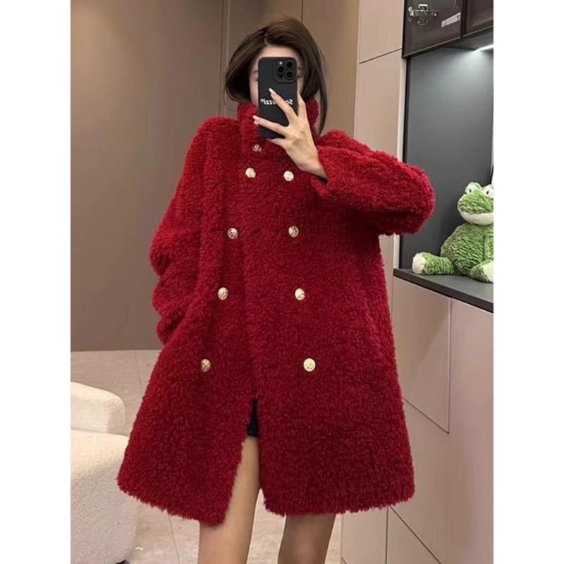 韩系小香风高领红色羊羔毛外套过年女装圣诞新年战袍毛茸茸厚上衣