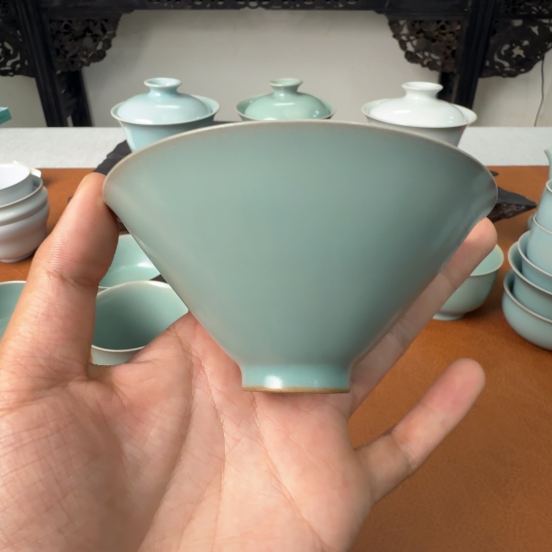 摆件陶微瑕仿古张公巷青绿釉薄胎斗笠杯