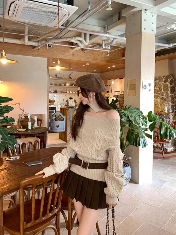 法式一字肩麻花百搭长袖针织衫女秋季温柔风气质收腰灰色毛衣上衣