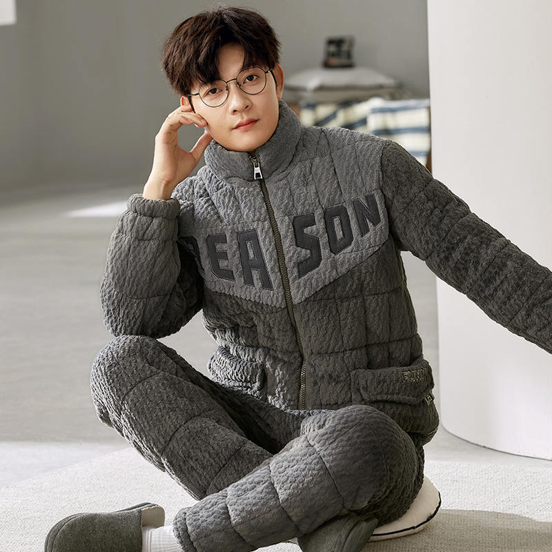 2025新款三层夹棉睡衣男休闲可外穿加厚特厚男士睡衣冬加厚加绒