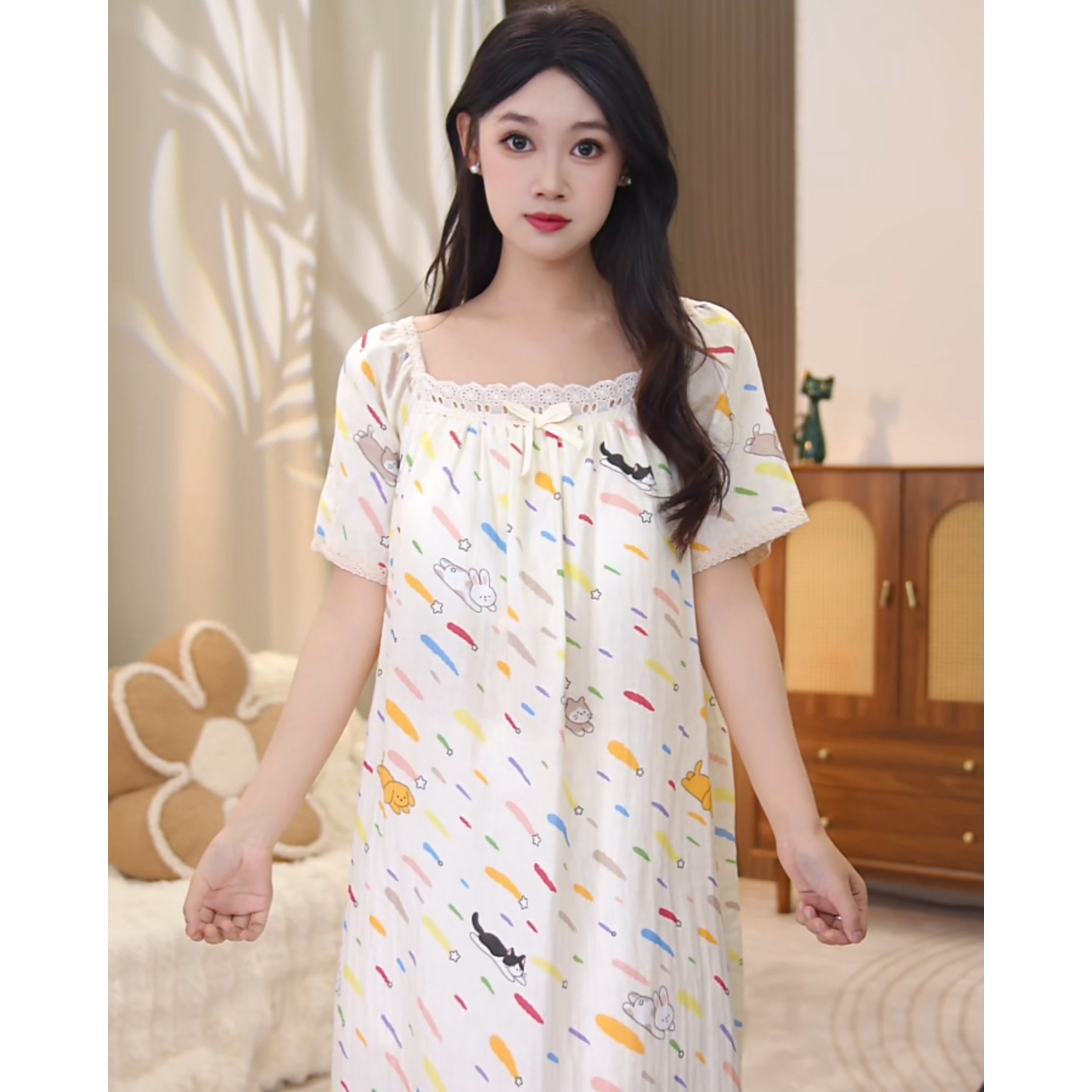 菲菲家【缤纷动物】2025年新款纯棉睡裙女夏季高级家居服AFF