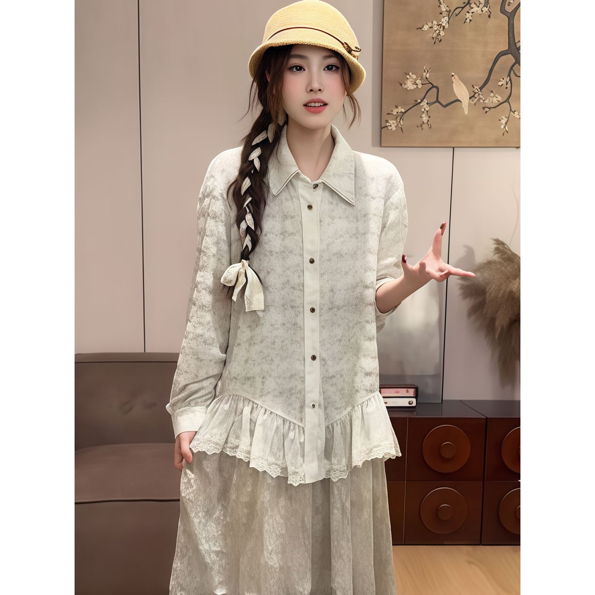 时髦洋气重工设计感蕾丝花边拼接翻领衬衫女秋冬内搭显瘦叠穿上衣