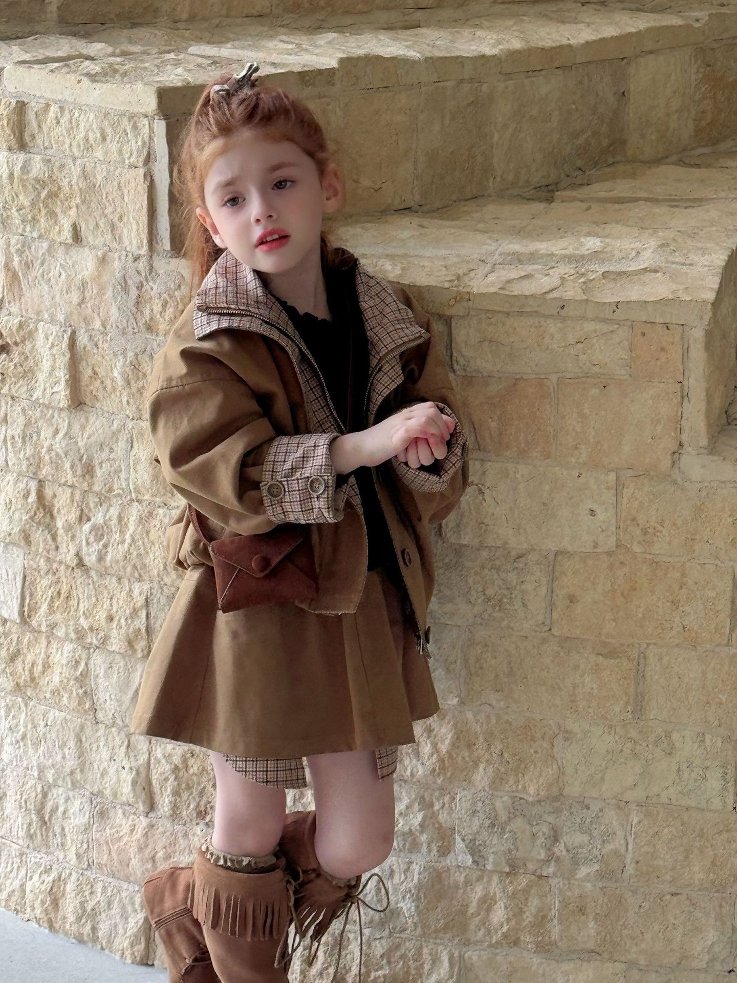 格子风衣外套秋季新款韩版儿童时尚加厚休闲套装亲子装5671