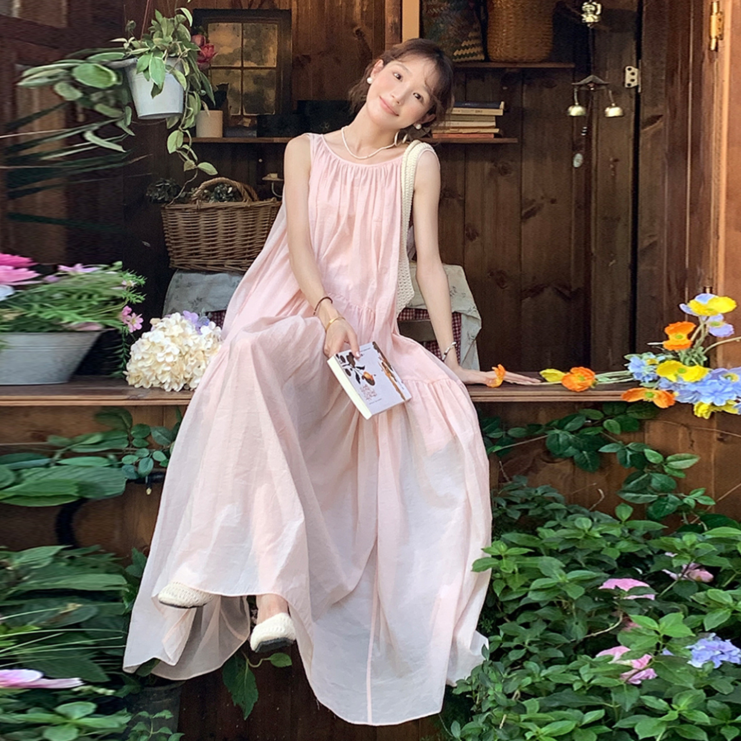 【现货+运补】粉色无袖夏天巨好看绝美吊带长裙海边度假4898