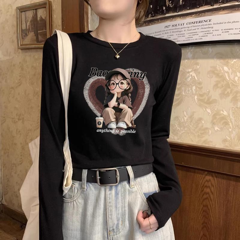 百搭韩版正肩长袖T恤女秋装新款显瘦减龄印花小个子穿搭圆领上衣