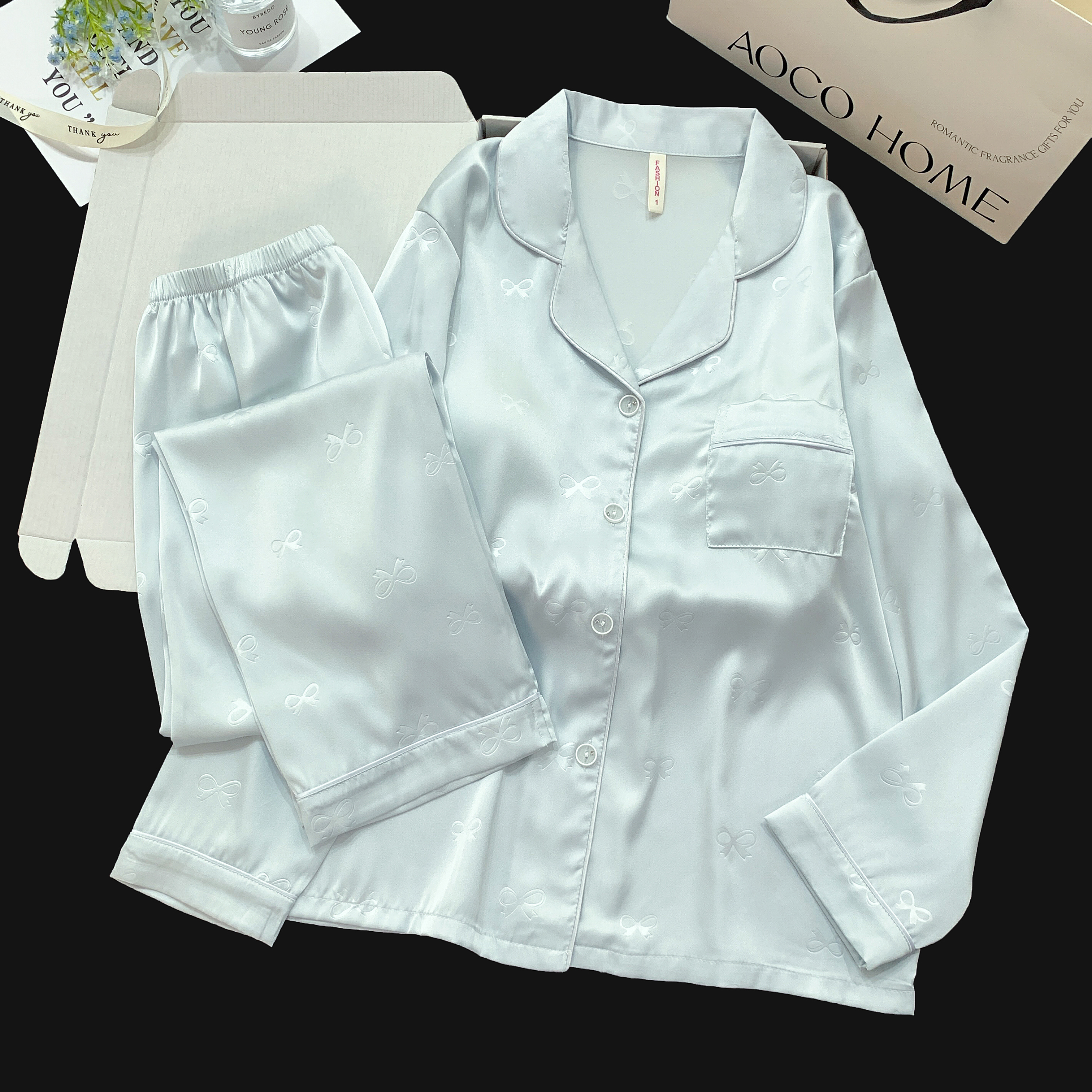 【蓝压花小蝴蝶结】长袖长裤带胸垫睡衣女春秋季休闲家居服套装轻奢