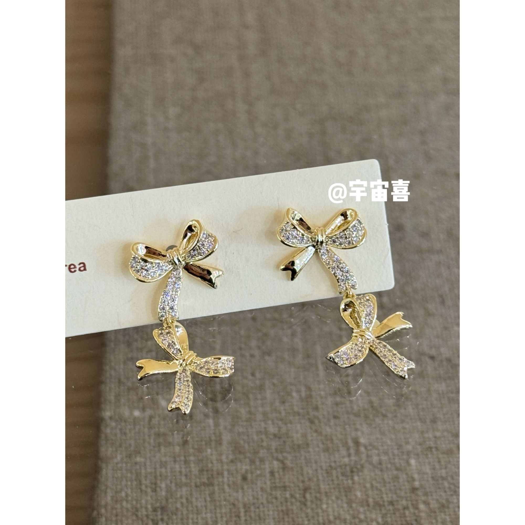 铜合金锆石耳饰 I2-423【金色白锆双蝴蝶结流苏耳钉】
