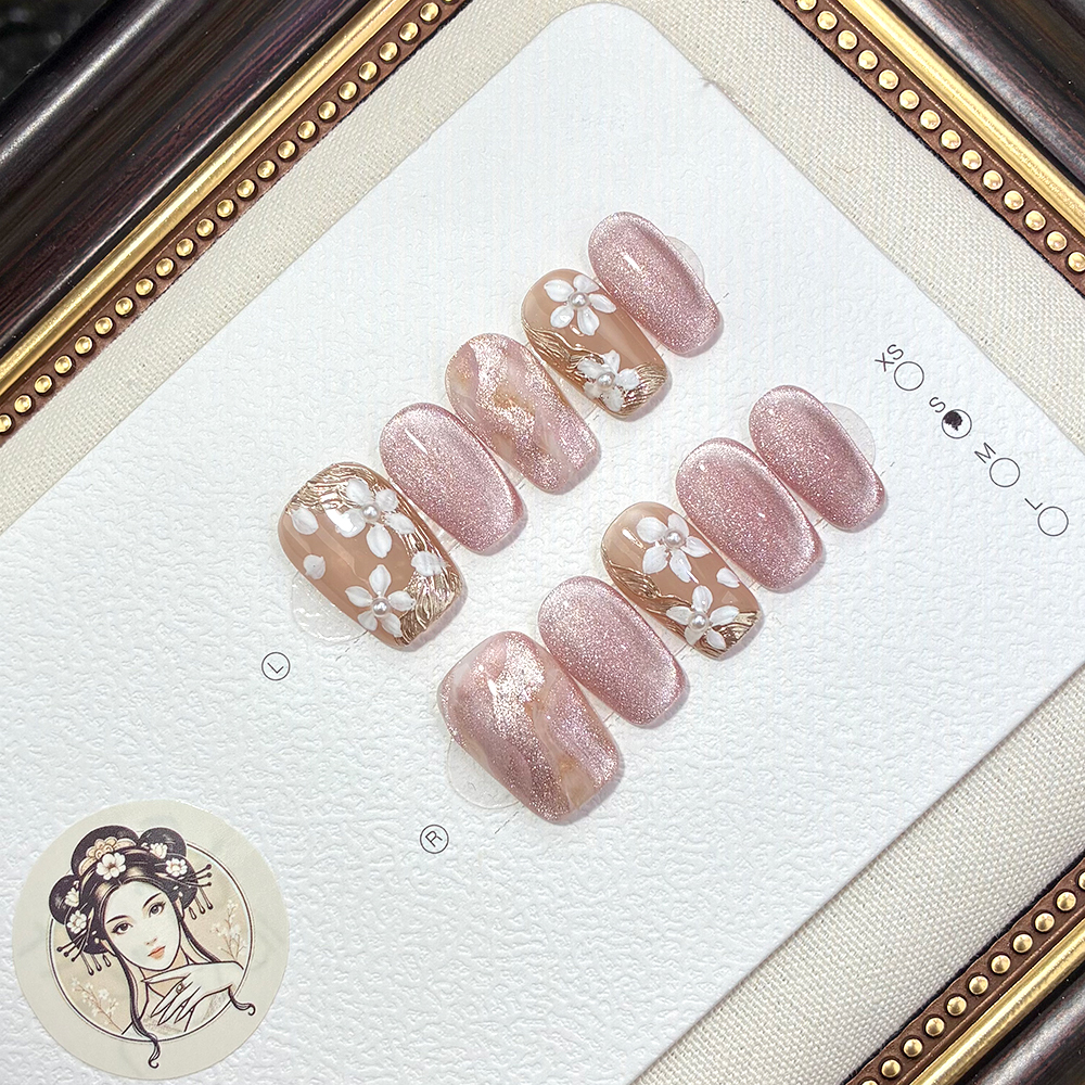 027【月下粉花D】高品纯手工穿戴甲