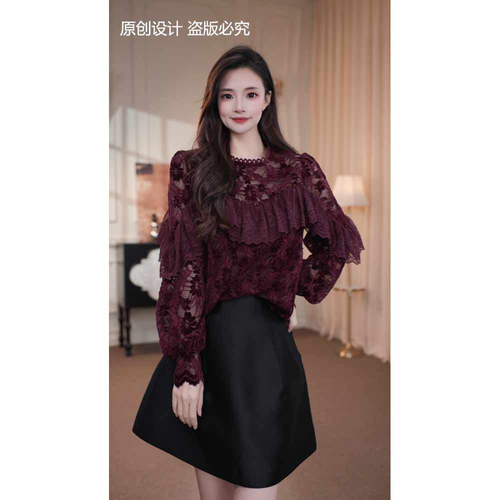 宁宁·花楹飞舞·秋装蕾丝拼接洋气设计感百搭小衫上衣女装-91121