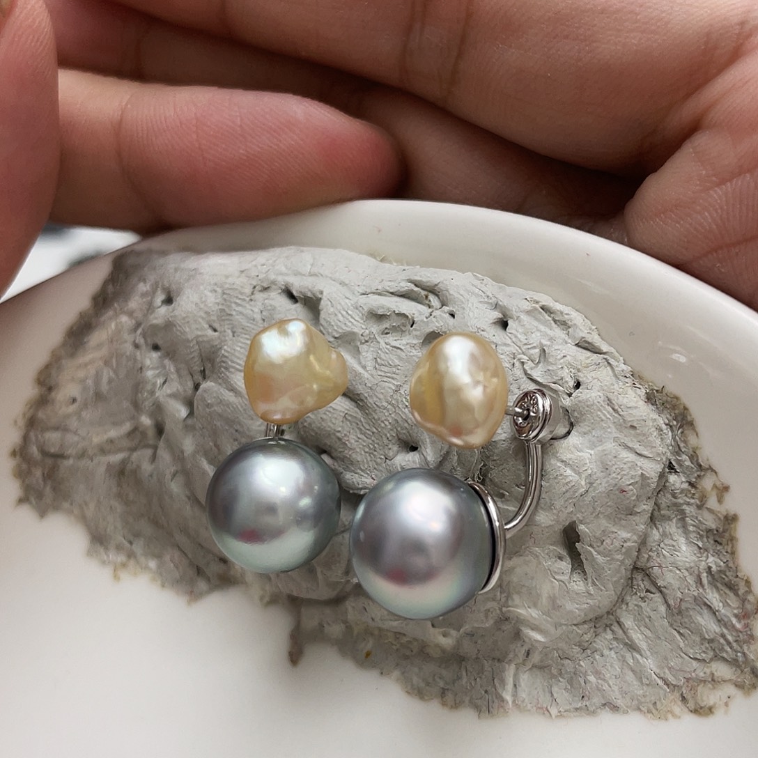 海水珍珠银S925镶嵌耳饰