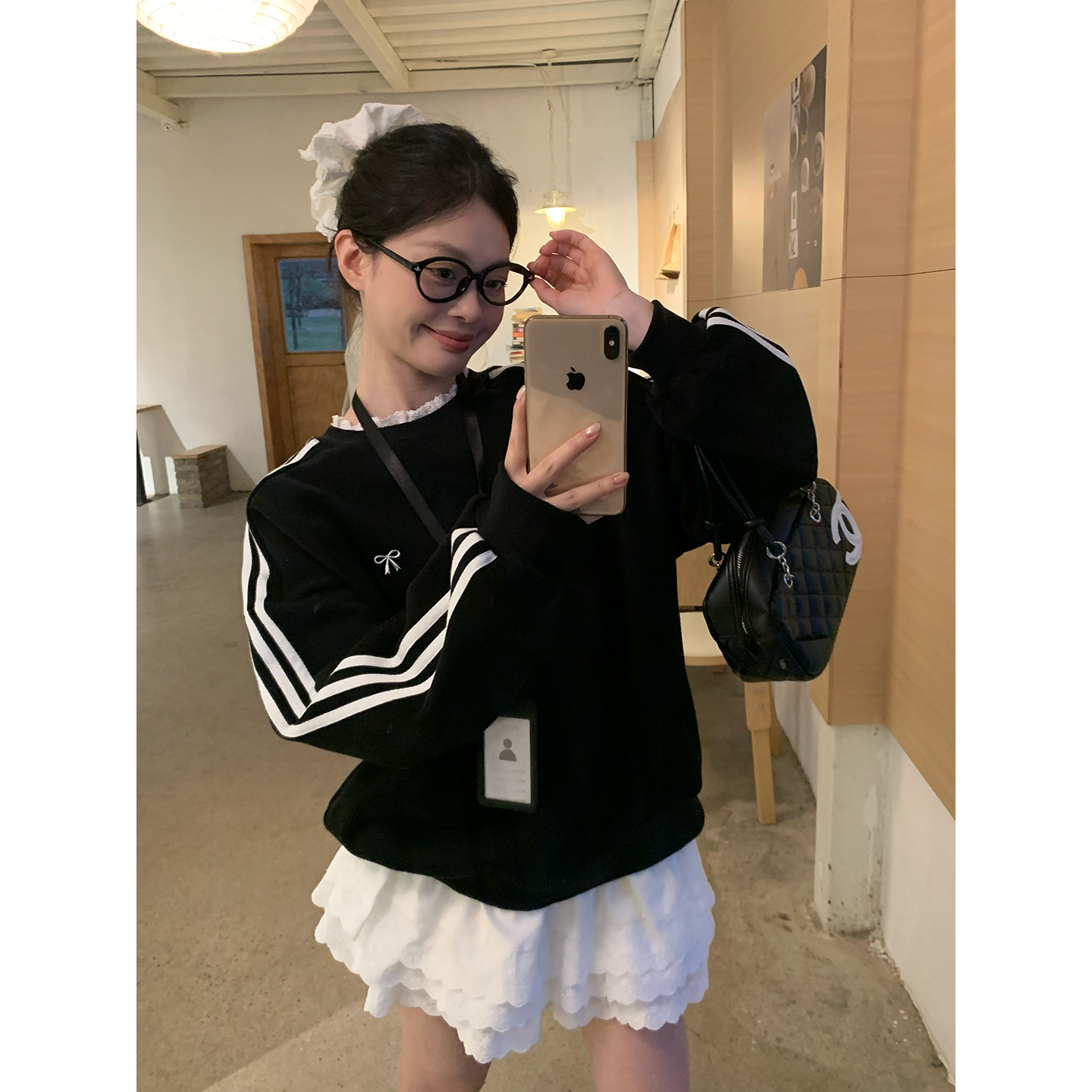 宋正恩黑色加绒宽松圆领卫衣女冬季保暖小个子韩系穿搭巨好看上衣